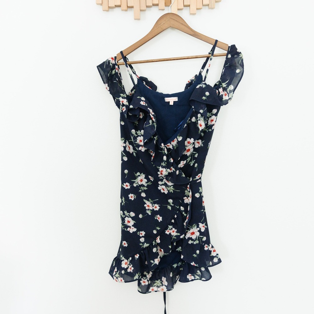 Solaris Style Navy Blue Floral Ruffle Wrap Mini Dress Cold Shoulder Womens Small